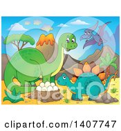 Happy Green Apatosaurus Dinosaur Stegosaur And Pterodactyl By A Nest In A Volcanic Landscape