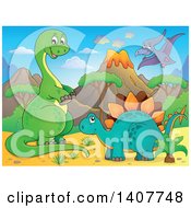 Happy Green Apatosaurus Dinosaur Stegosaur And Pterodactyl In A Volcanic Landscape