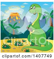 Poster, Art Print Of Happy Green Apatosaurus Dinosaur In A Volcanic Landscape