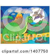 Happy Green Apatosaurus Dinosaur And Pterodactyl In A Volcanic Landscape At Night