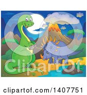 Poster, Art Print Of Happy Green Apatosaurus Dinosaur And Triceratops In A Volcanic Landscape At Night