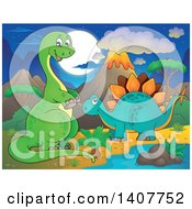 Poster, Art Print Of Happy Green Apatosaurus Dinosaur And Stegosaur In A Volcanic Landscape At Night