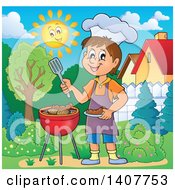 Poster, Art Print Of Happy Caucasian Boy Cooking On A Bbq Grill In A Yard