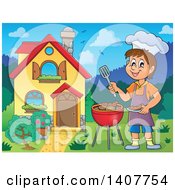 Poster, Art Print Of Happy Caucasian Boy Cooking On A Bbq Grill By His House