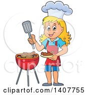 Poster, Art Print Of Happy Caucasian Girl Cooking On A Bbq Grill