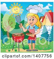 Poster, Art Print Of Happy Caucasian Girl Cooking On A Bbq Grill In A Yard