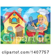 Poster, Art Print Of Happy Caucasian Girl Cooking On A Bbq Grill By Her House