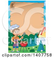 Poster, Art Print Of Scroll Border Of A Happy Caucasian Boy Cooking On A Bbq Grill
