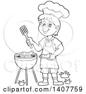 Poster, Art Print Of Black And White Lineart Happy Boy Cooking On A Bbq Grill