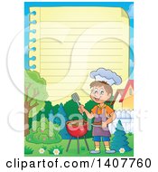 Poster, Art Print Of Ruled Paper Border Of A Happy Caucasian Boy Cooking On A Bbq Grill