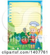 Poster, Art Print Of Ruled Paper Border Of A Happy Caucasian Girl Cooking On A Bbq Grill