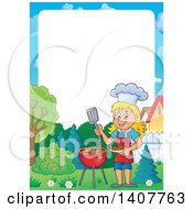 Poster, Art Print Of Border Of A Happy Caucasian Girl Cooking On A Bbq Grill