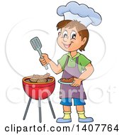 Poster, Art Print Of Happy Caucasian Boy Cooking On A Bbq Grill