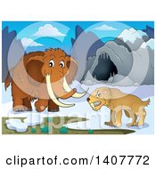 Poster, Art Print Of Saber Tooth Cat And Woolly Mammoth By A Cave
