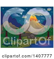 Poster, Art Print Of Prehistoric Landscape Of A Volcano Erupting And A Tropical Shore On A Starry Night