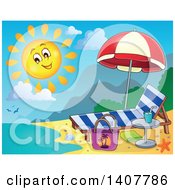 Poster, Art Print Of Happy Sun Shining Over A Beach Chaise Lounge Umbrella And Coast