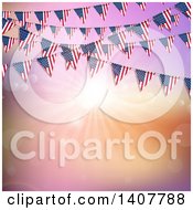 Clipart Of A Background Of American Flag Bunting Banners Over A Pink And Orange Sunset Royalty Free Vector Illustration by KJ Pargeter