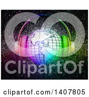 Clipart Of A 3d Grid Globe With Headphones Over Colorful Glitter On Black Royalty Free Illustration
