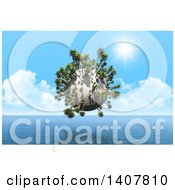 Clipart Of A 3d Palm Tree Planet Hovering Over The Ocean Royalty Free Illustration