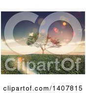 Clipart Of A 3d Mature Tree In A Grassy And Sunny Landscape With Flares Royalty Free Illustration