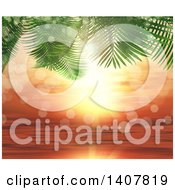 Clipart Of 3d Palm Trees Framing An Orange Ocean Sunset Royalty Free Illustration