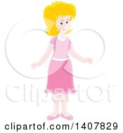 Clipart Of A Cartoon Happy Blond White Woman Dressed In Pink Royalty Free Vector Illustration