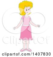 Poster, Art Print Of Cartoon Happy Blond Caucasian Woman Dressed In Pink