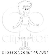 Clipart Of A Cartoon Black And White Lineart Happy Woman Wearing A Skirt Royalty Free Vector Illustration