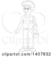 Clipart Of A Cartoon Black And White Lineart Man Standing With A Shoulder Bag Royalty Free Vector Illustration