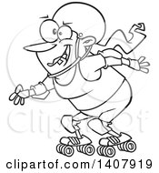 Clipart Of A Cartoon Black And White Lineart Roller Derby Woman Skating Royalty Free Vector Illustration
