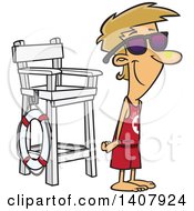 Cartoon Young White Male Lifeguard Wearing Sun Block On His Nose And Standing By A Chair
