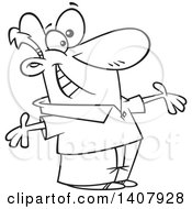 Clipart Of A Cartoon Black And White Lineart Man Welcoming With Big Open Arms Royalty Free Vector Illustration