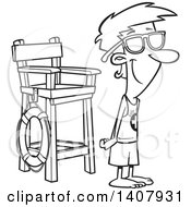 Clipart Of A Cartoon Black And White Lineart Young Male Lifeguard Wearing Sun Block On His Nose And Standing By A Chair Royalty Free Vector Illustration