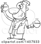 Clipart Of A Cartoon Black And White Lineart Man Louis Pasteur Conducting A Chemistry Experiment Royalty Free Vector Illustration
