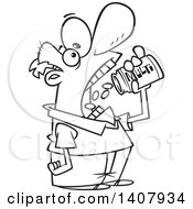 Clipart Of A Cartoon Black And White Lineart Man Chugging Down Multi Vitamins Royalty Free Vector Illustration