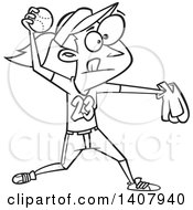 Clipart Of A Cartoon Black And White Lineart Girl Throwing A Softball Royalty Free Vector Illustration