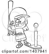 Clipart Of A Cartoon Black And White Lineart Little Girl Playing T Ball Royalty Free Vector Illustration