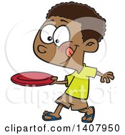 Cartoon African Boy Throwing A Frisbee
