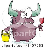 Cartoon Happy Monster With A Bucket And Shovel Wading On A Beach