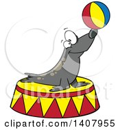 Poster, Art Print Of Cartoon Circus Seal Balancing A Ball On His Nose