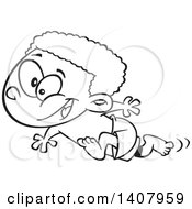 Clipart Of A Cartoon Black And White Lineart African Boy Running On A Beach Royalty Free Vector Illustration