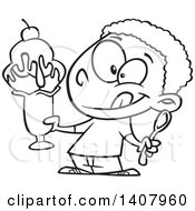 Clipart Of A Cartoon Black And White Lineart African Boy Holding A Big Ice Cream Sundae Royalty Free Vector Illustration by toonaday