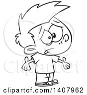 Clipart Of A Cartoon Black And White Lineart Whining Boy Shrugging And Asking Why Royalty Free Vector Illustration