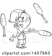 Clipart Of A Cartoon Black And White Lineart Male Circus Performer Juggling Royalty Free Vector Illustration