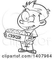 Poster, Art Print Of Cartoon Black And White Lineart Boy Selling Cookies