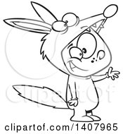 Clipart Of A Cartoon Black And White Lineart Happy Boy In A Fox Costume Royalty Free Vector Illustration by toonaday