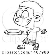 Clipart Of A Cartoon Black And White Lineart African Boy Throwing A Frisbee Royalty Free Vector Illustration