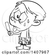 Clipart Of A Cartoon Black And White Lineart Hot Sweaty Boy Eating A Popsicle Royalty Free Vector Illustration by toonaday