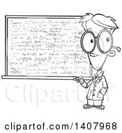 Clipart Of A Cartoon Black And White Lineart Young Genius Boy By A Chalkboard Royalty Free Vector Illustration