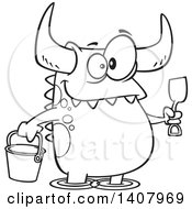 Poster, Art Print Of Cartoon Black And White Lineart Happy Monster With A Bucket And Shovel Wading On A Beach